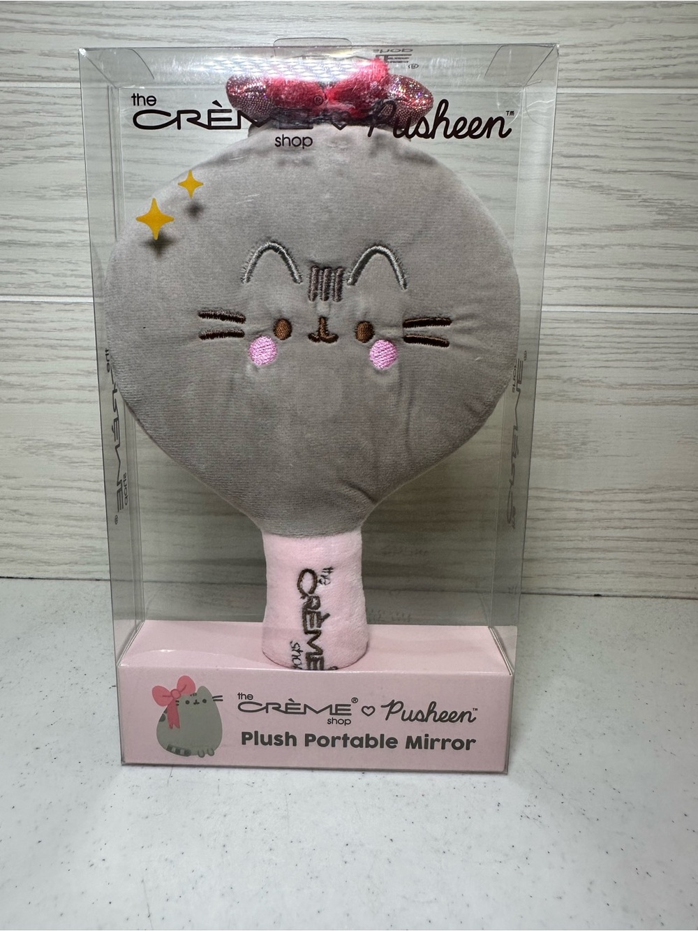 Plush Portable Hand Mirror - Gray with Pink Accents